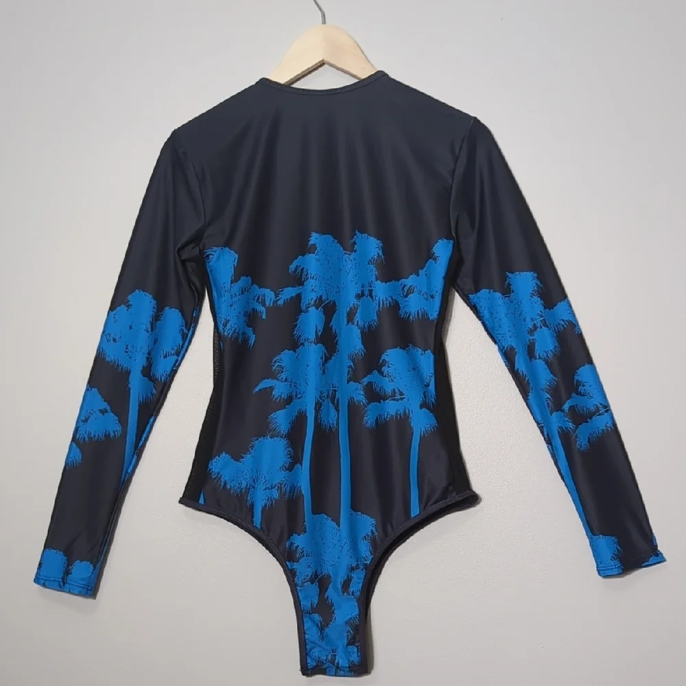 Fashion Nova Drip Palms One Piece Swimsuit Black Blue‎ Long Sleeve Tropical XL